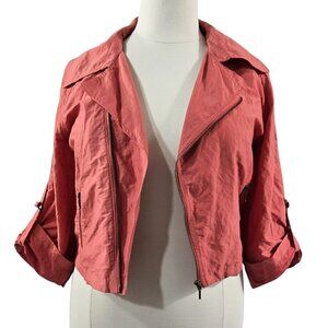 Cabi 913 Scooter Coral Salmon Pink Asymmetrical Zip Moto Cropped Nylon Jacket